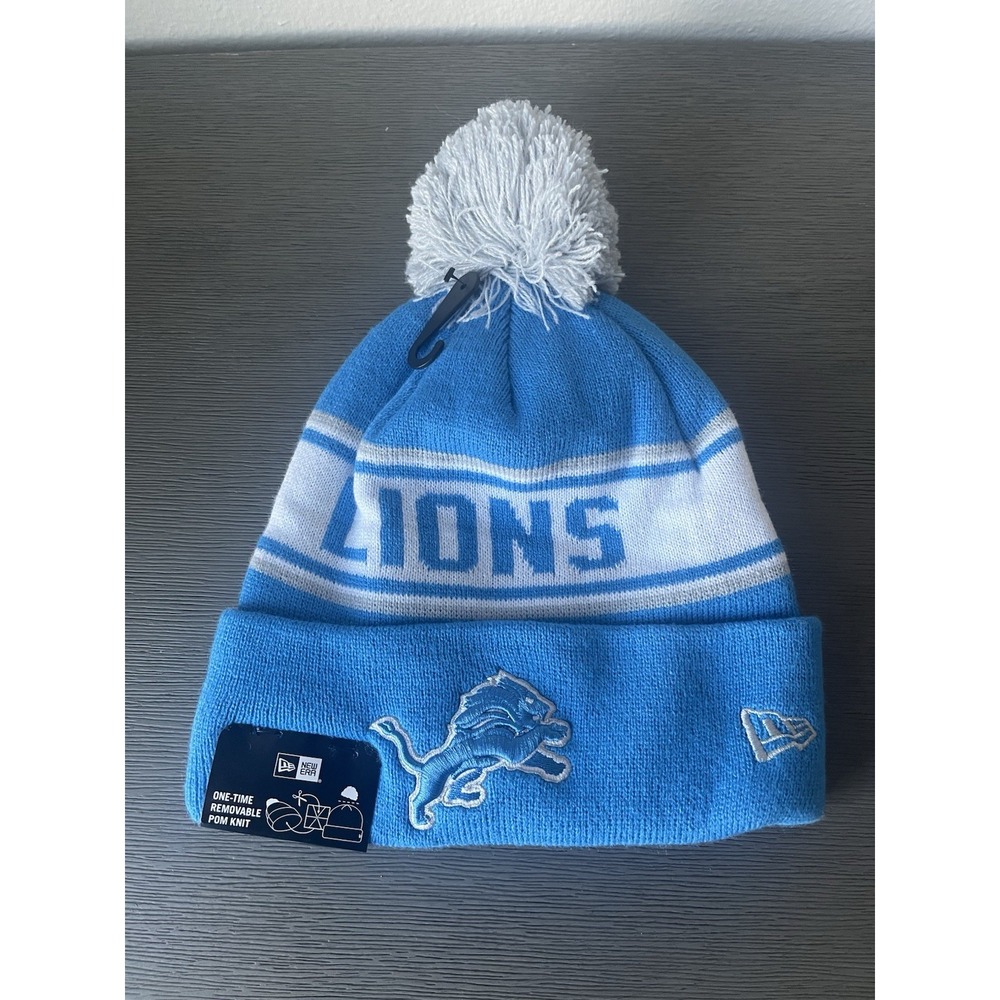 Detroit Lions Knit Winter Hat Beanie New Era‎ Cap Blue Striped Removable Pom NWT